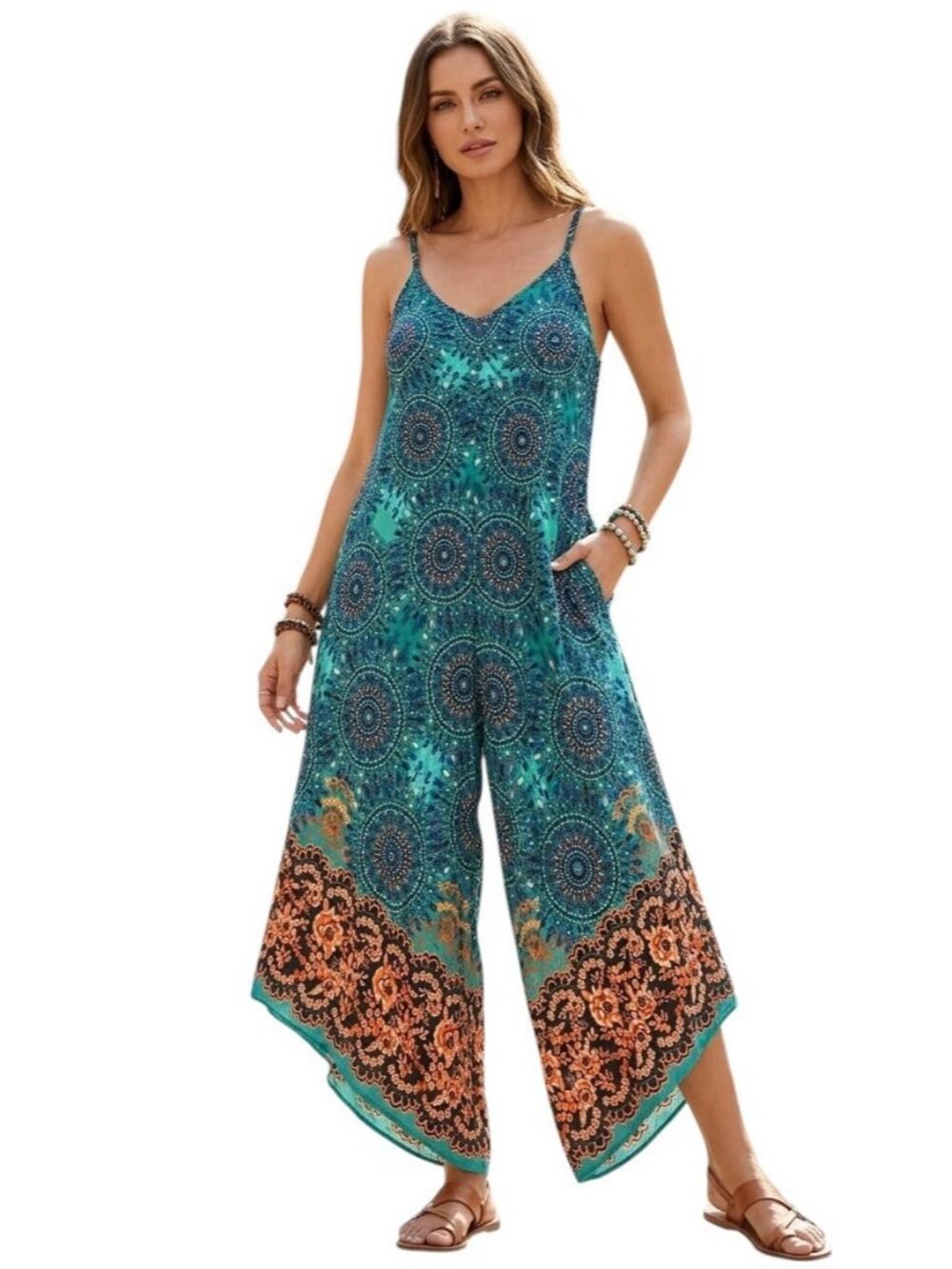 BloomChic Jumpsuit Women Size 12 Green Mandala Floral Wide Leg Pocket Rayon